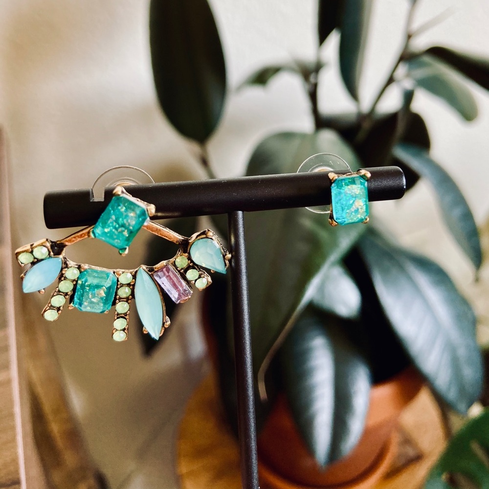 🌿 Turquoise 2-1 Crystal Earrings - Picture 4 of 5